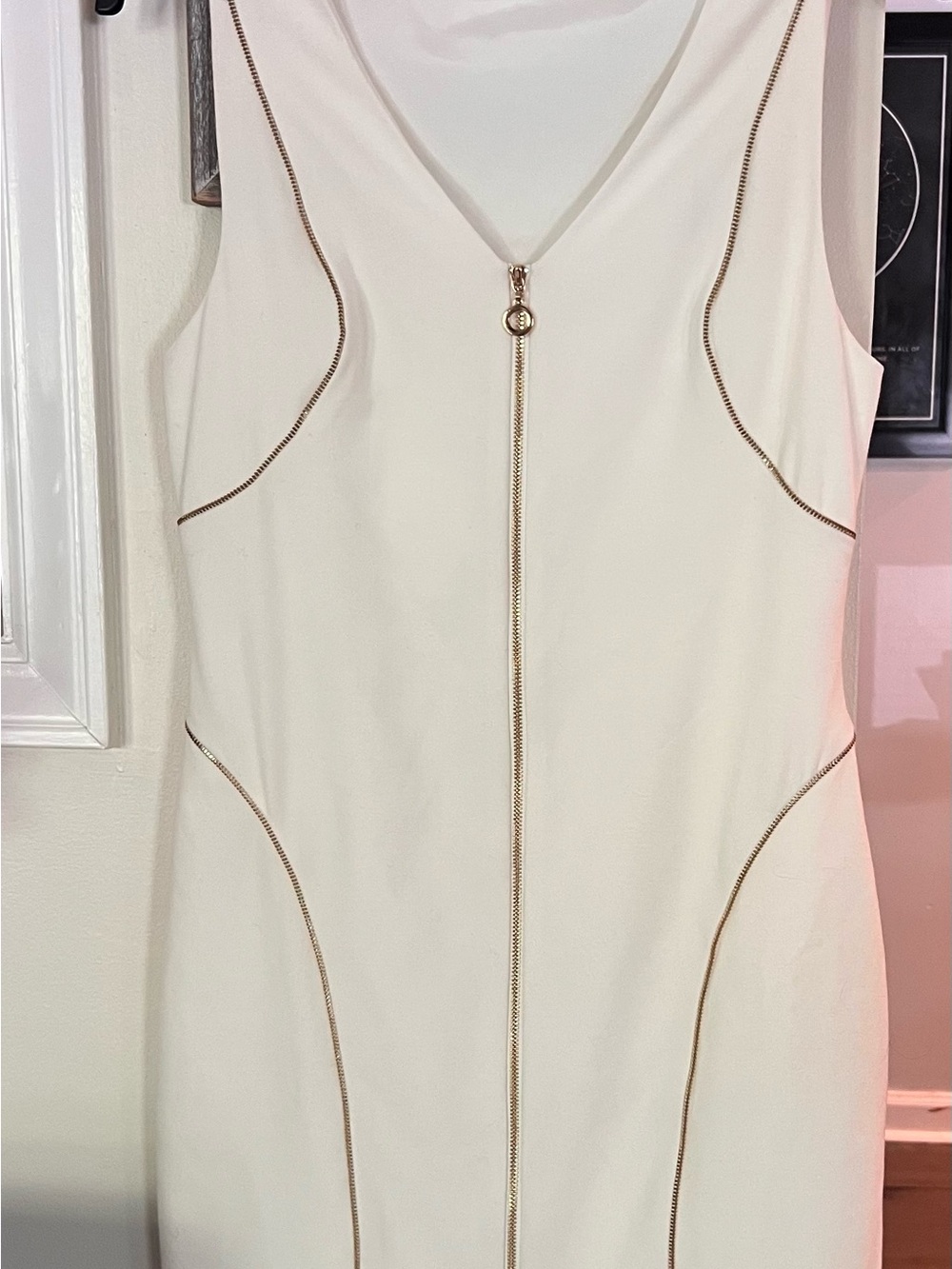 Calvin Klein Cream Mini Dress with Gold Zip Detail